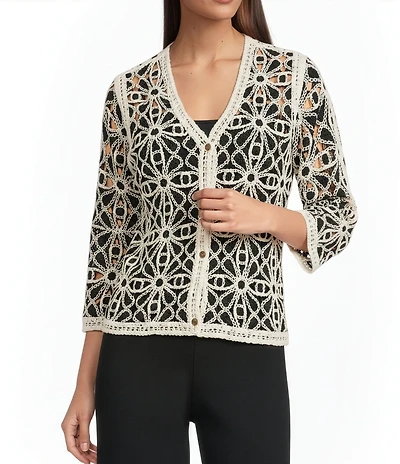Charlie B. Crochet Knit V-Neck 3/4 Sleeve Cardigan