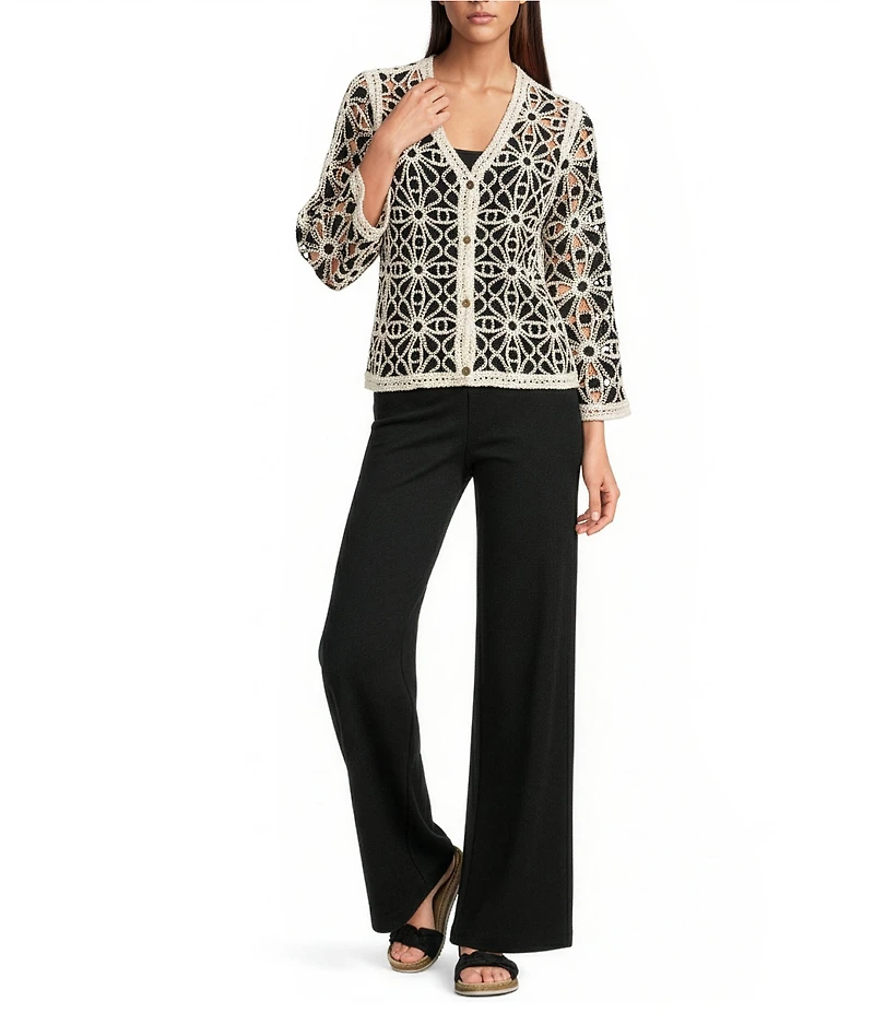 Charlie B. Crochet Knit V-Neck 3/4 Sleeve Cardigan