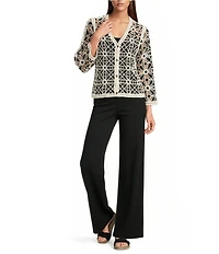 Charlie B. Crochet Knit V-Neck 3/4 Sleeve Cardigan