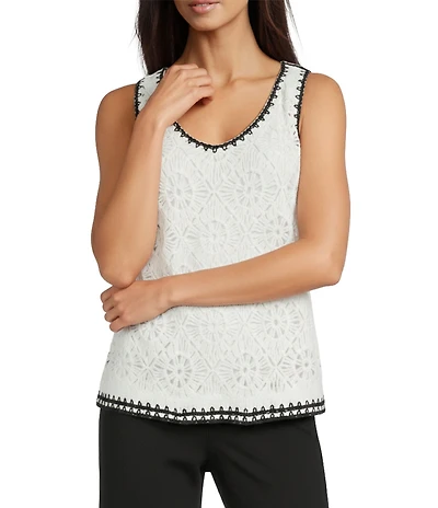 Charlie B. Crochet Knit V-Neck Sleeveless Contrast Trim Top