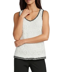 Charlie B. Crochet Knit V-Neck Sleeveless Contrast Trim Top