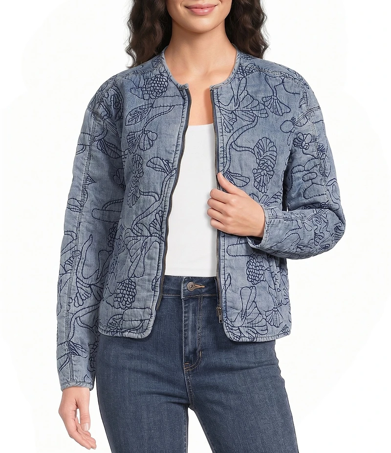 Charlie B. Denim Embroidered Round Neck Long Sleeve Bomber Jacket