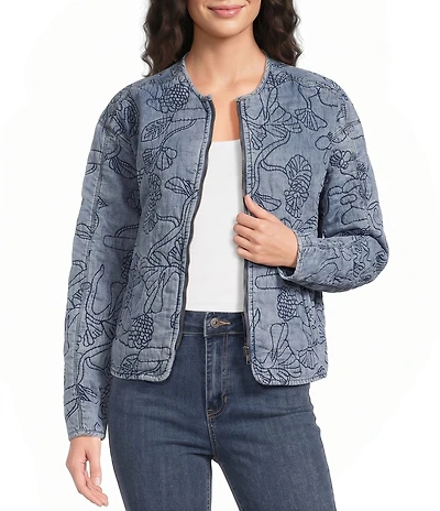 Charlie B. Denim Embroidered Round Neck Long Sleeve Bomber Jacket