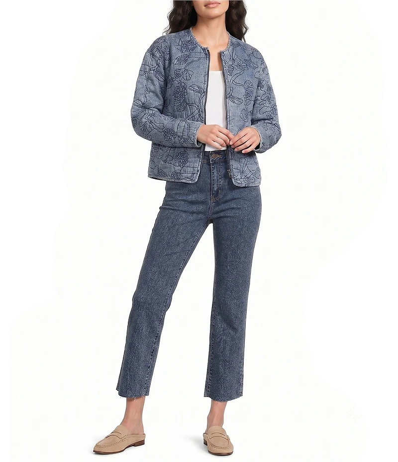 Charlie B. Denim Embroidered Round Neck Long Sleeve Bomber Jacket
