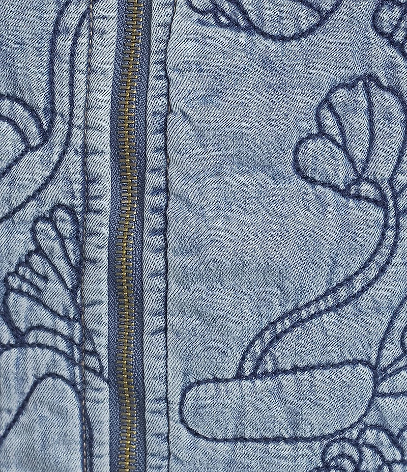 Charlie B. Denim Embroidered Round Neck Long Sleeve Bomber Jacket