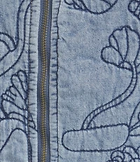 Charlie B. Denim Embroidered Round Neck Long Sleeve Bomber Jacket