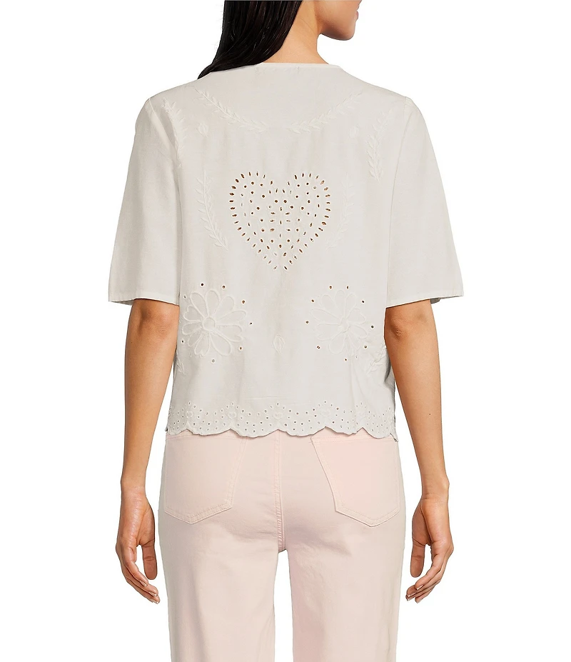 Charlie B. Eyelet Embriodered V-Neck Short Sleeve Scalloped Hem Tie Front Blouse