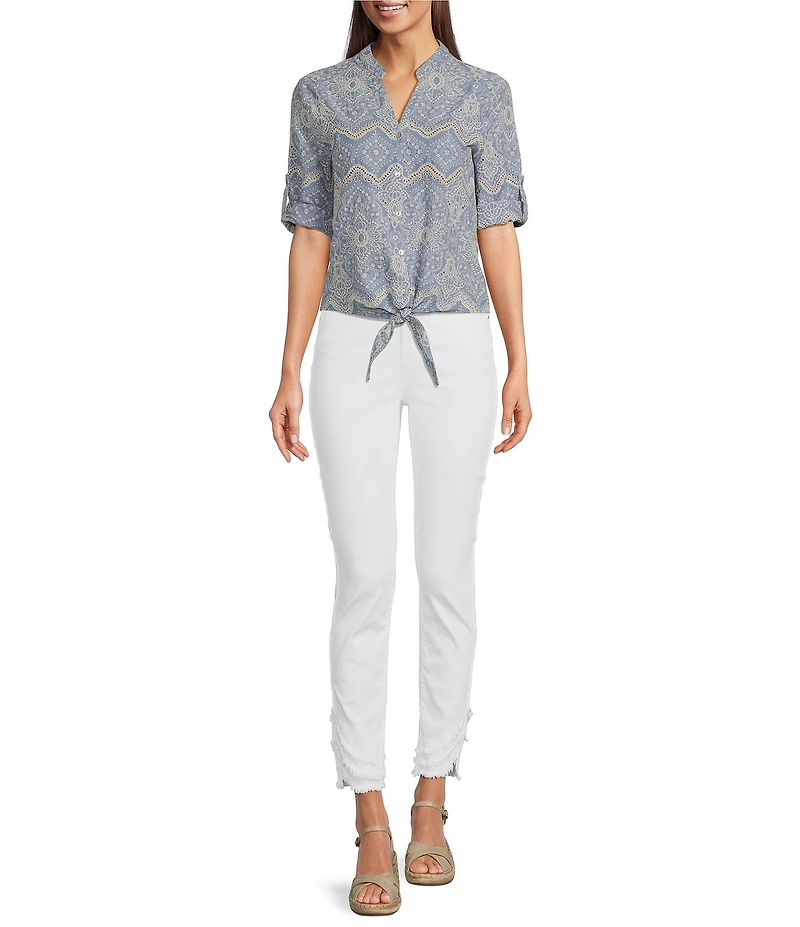Charlie B. Eyelet Embroidered V-Neck 3/4 Sleeve Blouse
