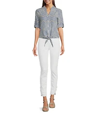 Charlie B. Eyelet Embroidered V-Neck 3/4 Sleeve Blouse