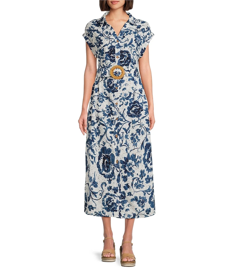 Charlie B. Eyelet Floral Print V-Neck Short Sleeve Belted Maxi Dress