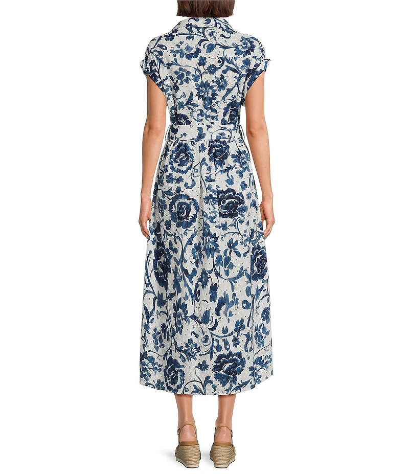 Charlie B. Eyelet Floral Print V-Neck Short Sleeve Belted Maxi Dress