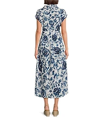 Charlie B. Eyelet Floral Print V-Neck Short Sleeve Belted Maxi Dress