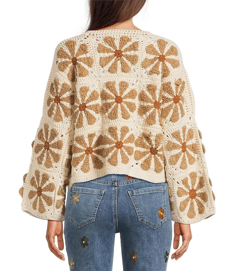 Charlie B. Floral Crochet Open Front Long Sleeve Cardigan