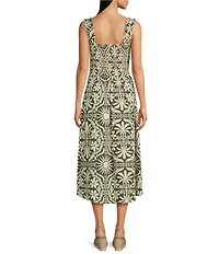 Charlie B. Floral Print Square Neck Shirring Sleeveless Midi A-Line Dress