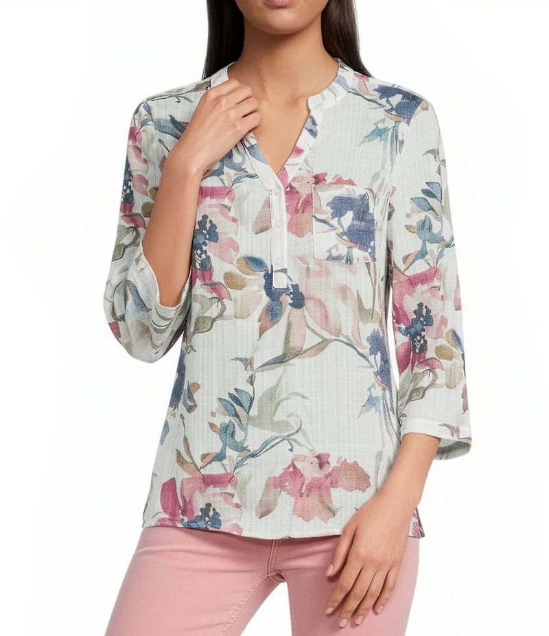 Charlie B. Gauze Woven Gauze Henley Neck Long Sleeve Top