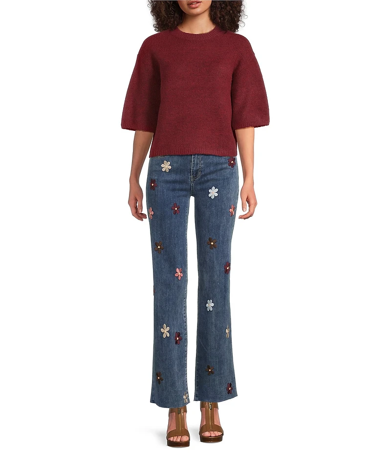 Charlie B. Stretch Denim Flower Patch Wide Leg Jeans