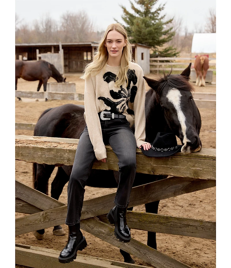 Charlie B. Jacquard Knit Floral Crew Neck Long Sleeve Sweater