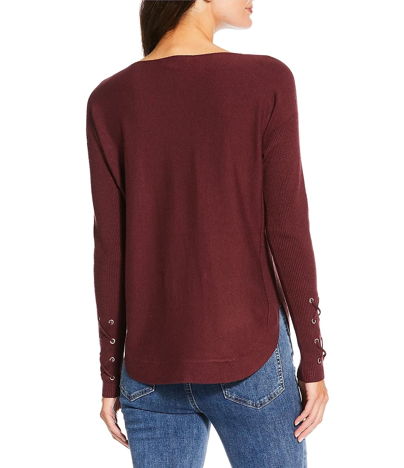 Charlie B. Knit Boat Neck Lace Up Long Sleeve Rounded Hem Sweater