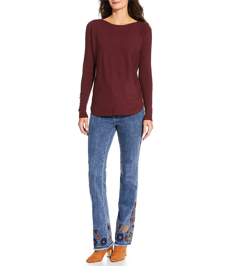Charlie B. Knit Boat Neck Lace Up Long Sleeve Rounded Hem Sweater