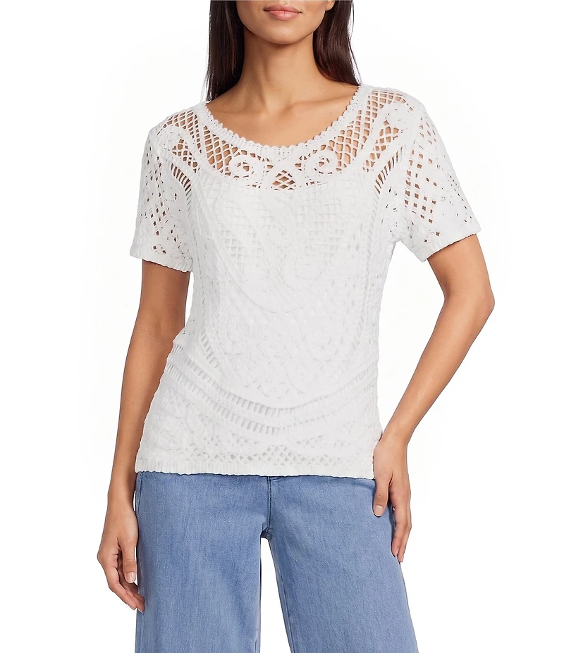 Charlie B. Knit Crochet Scoop Neck Short Sleeve Reversible Top