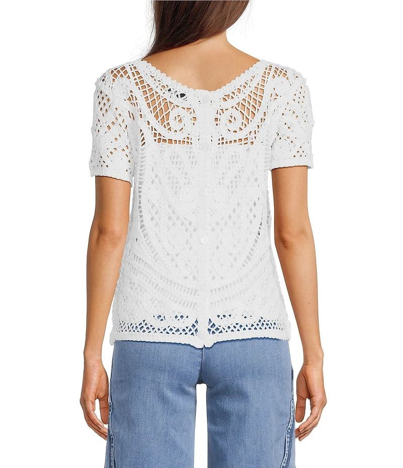 Charlie B. Knit Crochet Scoop Neck Short Sleeve Reversible Top