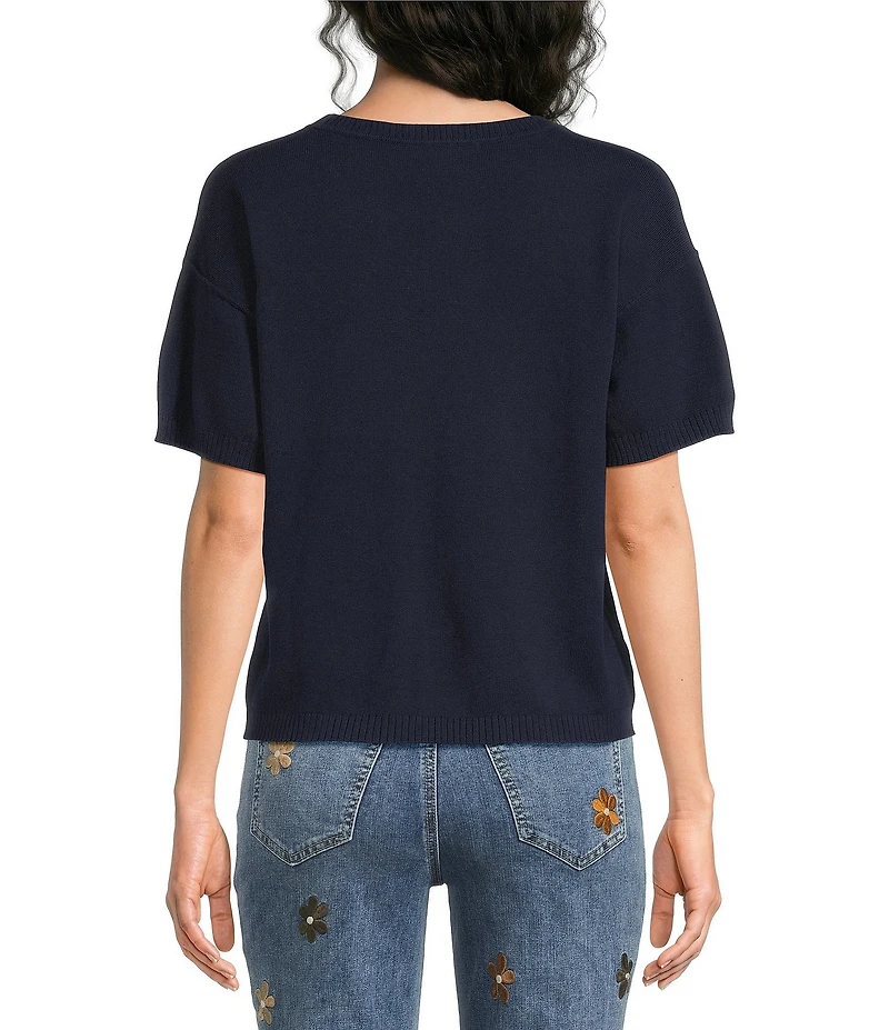 Charlie B. Knit Floral Embroidered Crew Neck Short Sleeve Top