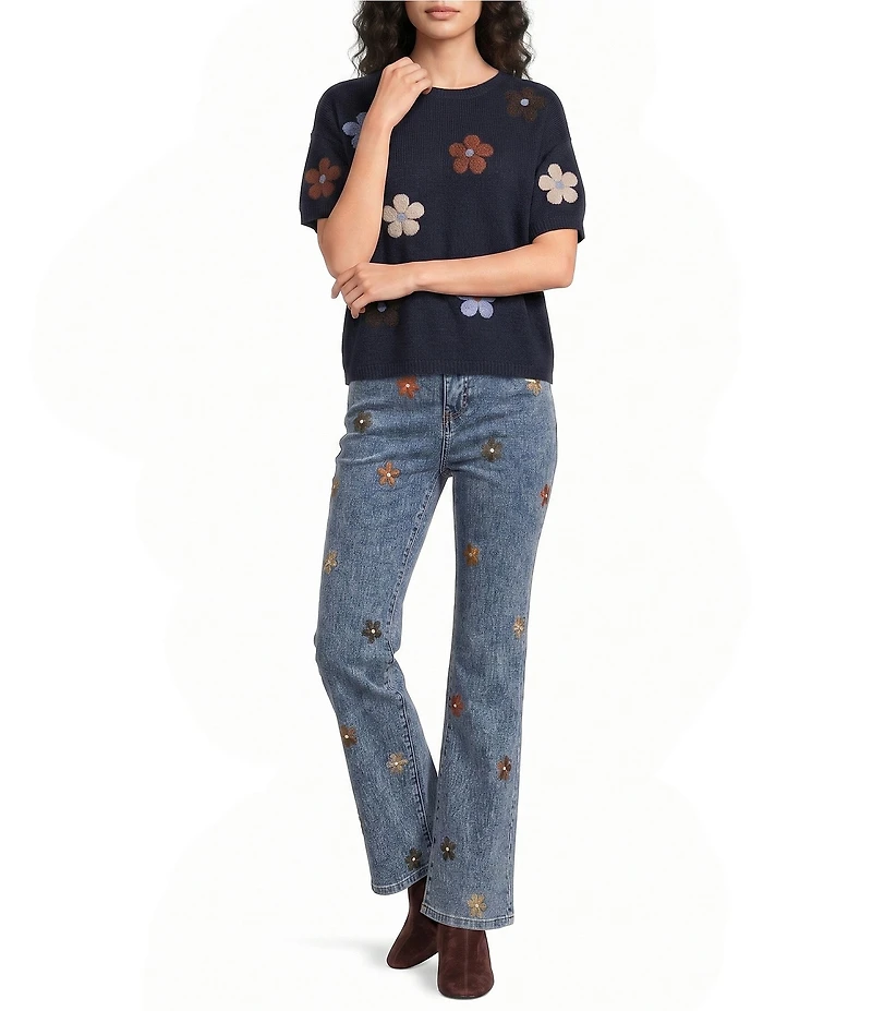 Charlie B. Knit Floral Embroidered Crew Neck Short Sleeve Top