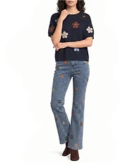 Charlie B. Knit Floral Embroidered Crew Neck Short Sleeve Top