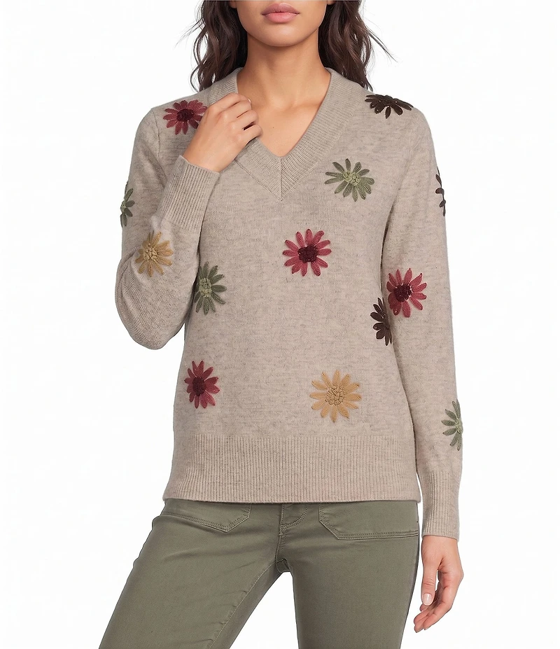 Charlie B. Knit Floral Embroidered V-Neck Long Sleeve Sweater