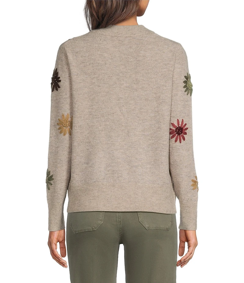 Charlie B. Knit Floral Embroidered V-Neck Long Sleeve Sweater