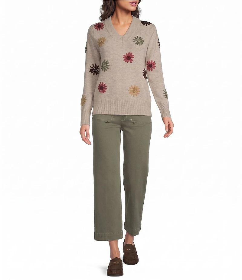 Charlie B. Knit Floral Embroidered V-Neck Long Sleeve Sweater