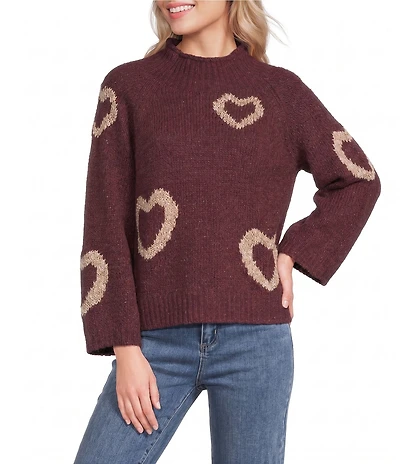 Charlie B. Knit Heart Pattern Mock Neck Long Sleeve Sweater