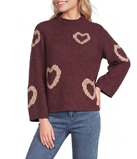 Charlie B. Knit Heart Pattern Mock Neck Long Sleeve Sweater