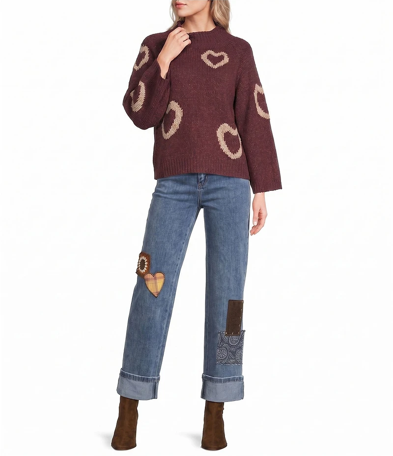 Charlie B. Knit Heart Pattern Mock Neck Long Sleeve Sweater