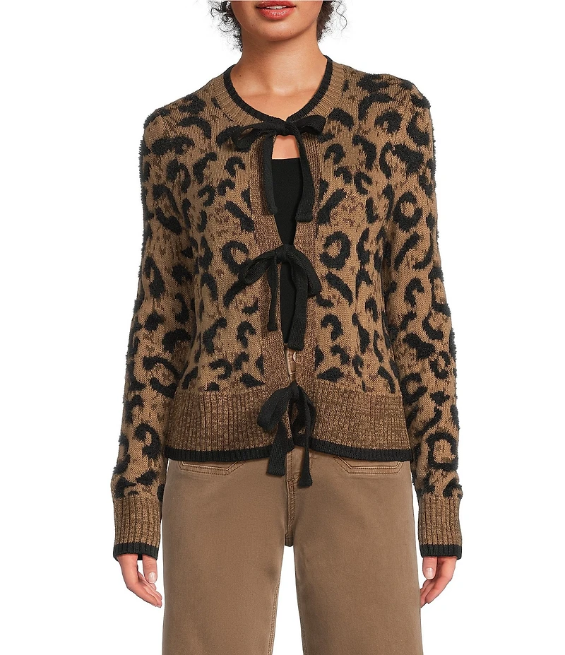 Charlie B. Knit Jacquard Animal Print Front Bow Tie Cardigan