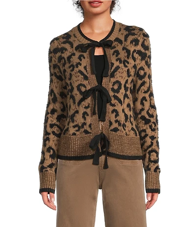 Charlie B. Knit Jacquard Animal Print Front Bow Tie Cardigan