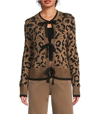 Charlie B. Knit Jacquard Animal Print Front Bow Tie Cardigan
