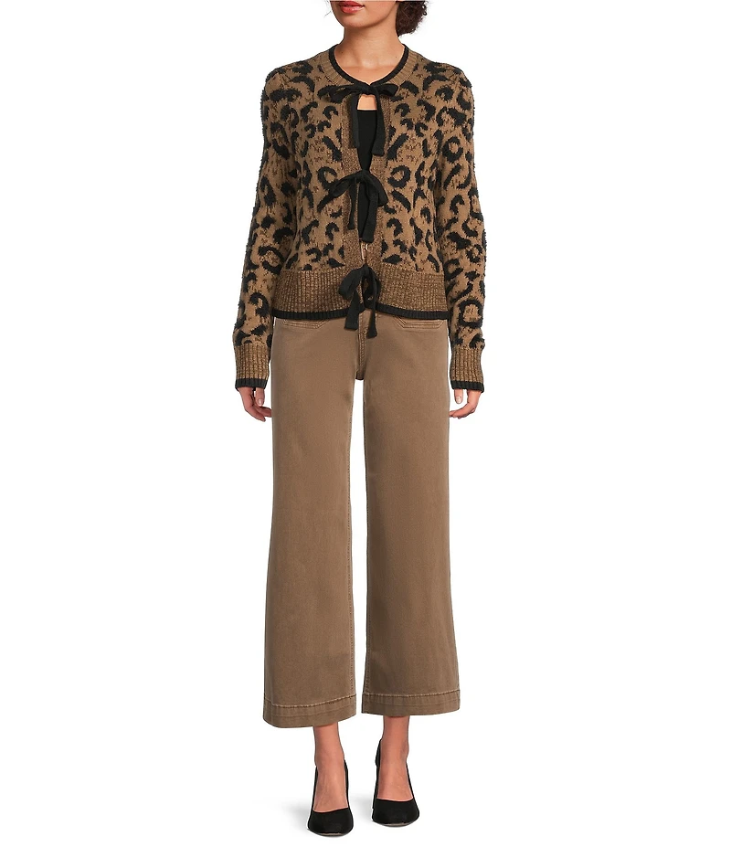 Charlie B. Knit Jacquard Animal Print Front Bow Tie Cardigan