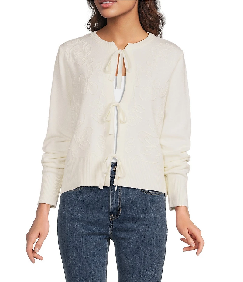 Charlie B. Knit Jacquard Embroidered Round Neck Long Sleeve Front Bow Tie Cardigan