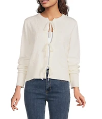 Charlie B. Knit Jacquard Embroidered Round Neck Long Sleeve Front Bow Tie Cardigan