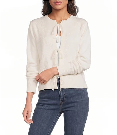 Charlie B. Knit Jacquard Embroidered Round Neck Long Sleeve Front Bow Tie Cardigan