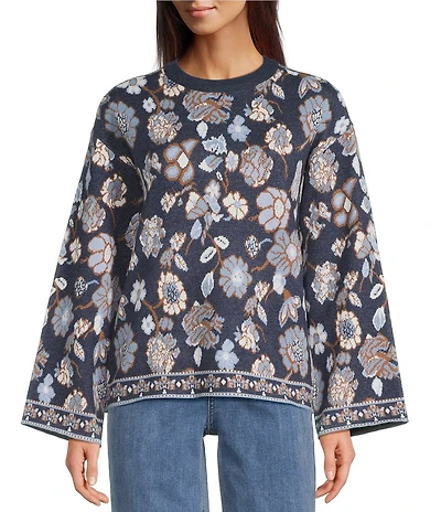 Charlie B. Knit Jacquard Floral Print Round Neck Long Sleeves Top