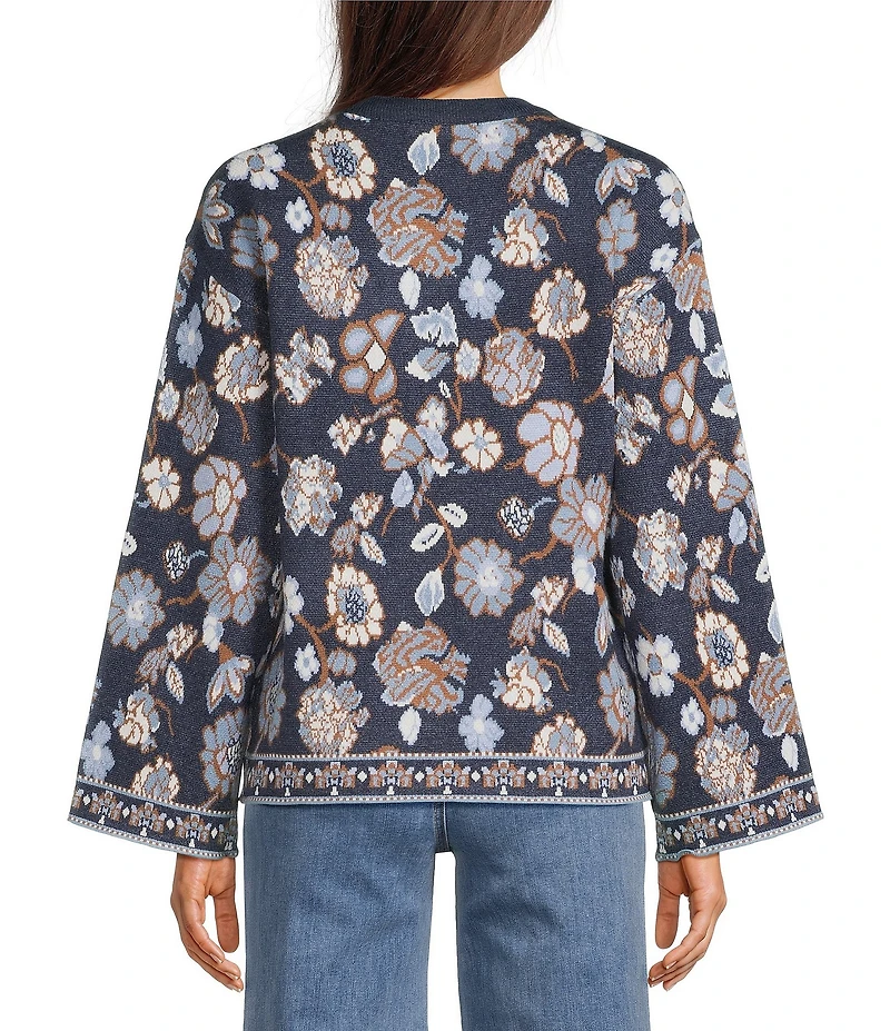 Charlie B. Knit Jacquard Floral Print Round Neck Long Sleeves Top