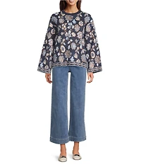 Charlie B. Knit Jacquard Floral Print Round Neck Long Sleeves Top
