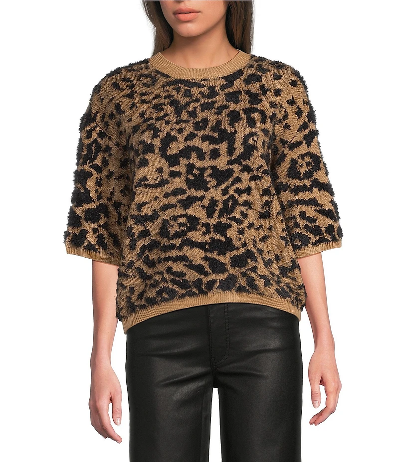 Charlie B. Knit Leopard Print Round Neck Short Balloon Sleeve Top
