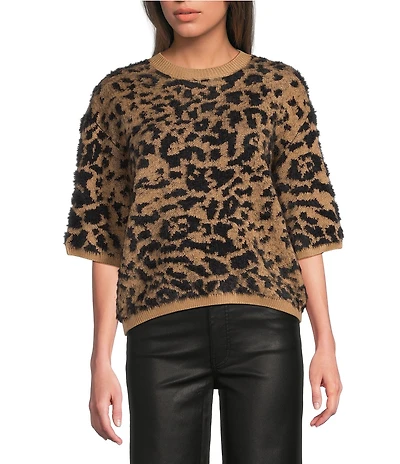 Charlie B. Knit Leopard Print Round Neck Short Balloon Sleeve Top