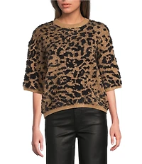 Charlie B. Knit Leopard Print Round Neck Short Balloon Sleeve Top
