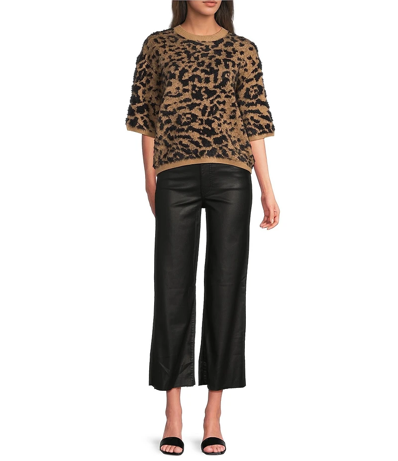 Charlie B. Knit Leopard Print Round Neck Short Balloon Sleeve Top