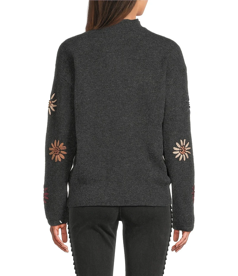 Charlie B. Knit Mock Neck Long Sleeve Floral Embroidery Sweater