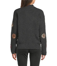 Charlie B. Knit Mock Neck Long Sleeve Floral Embroidery Sweater